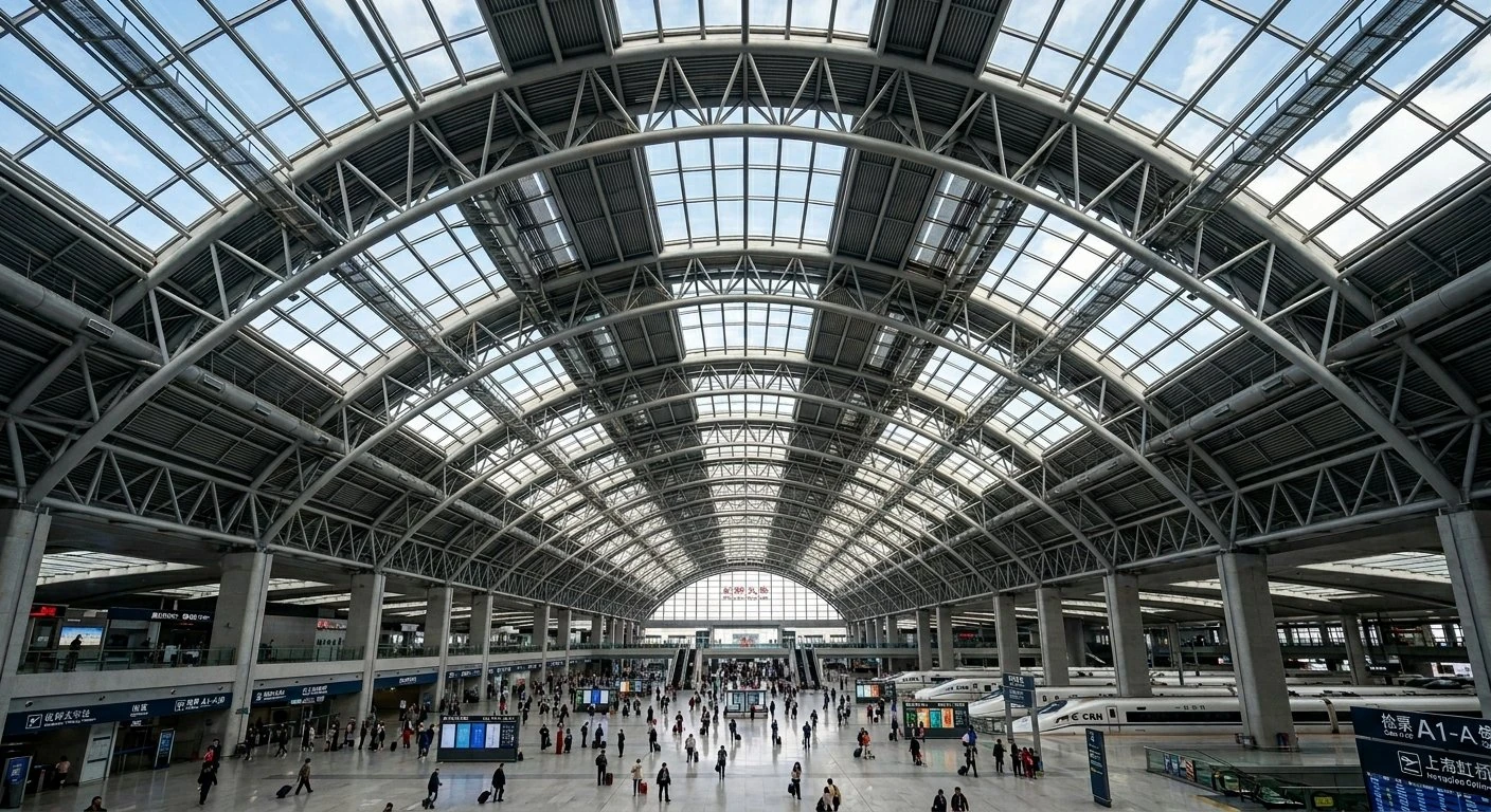 Bright, cavernous hall of a major Chinese high-speed rail station under a curved glass roof
