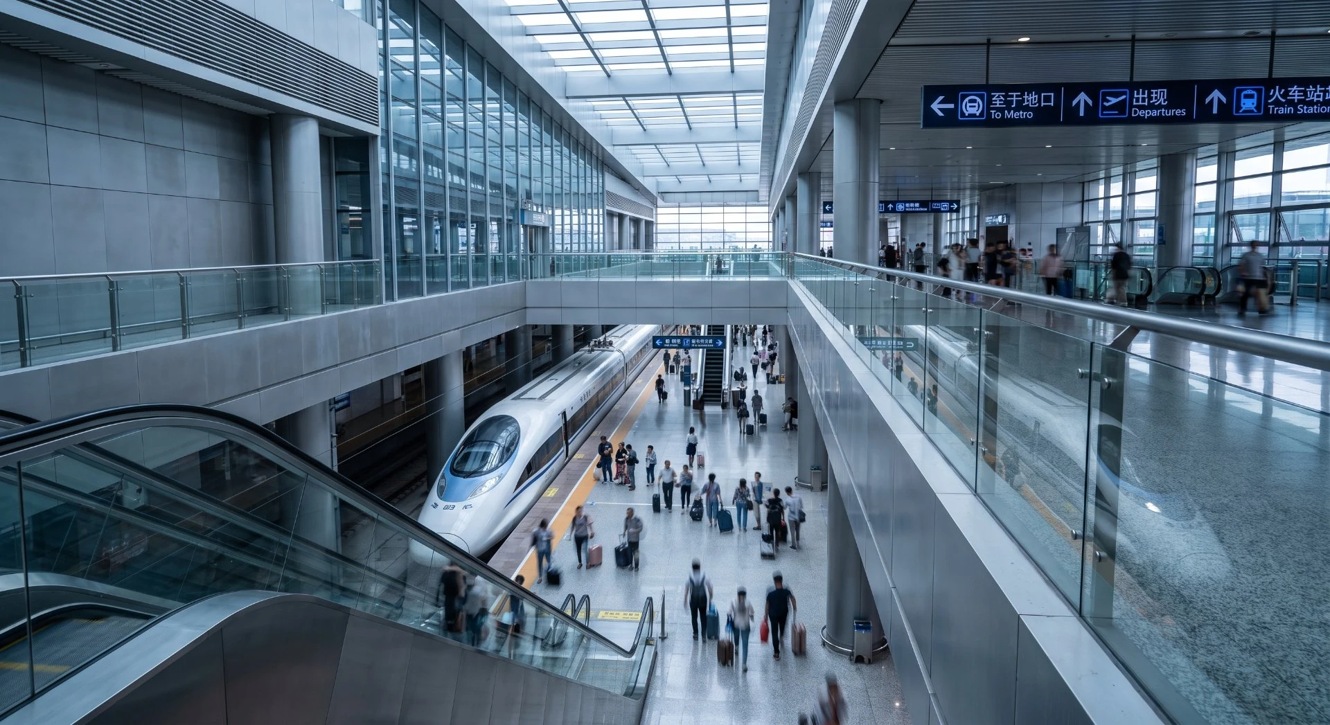 High-speed train platform with bilingual signs pointing to metro, departures and rail connections
