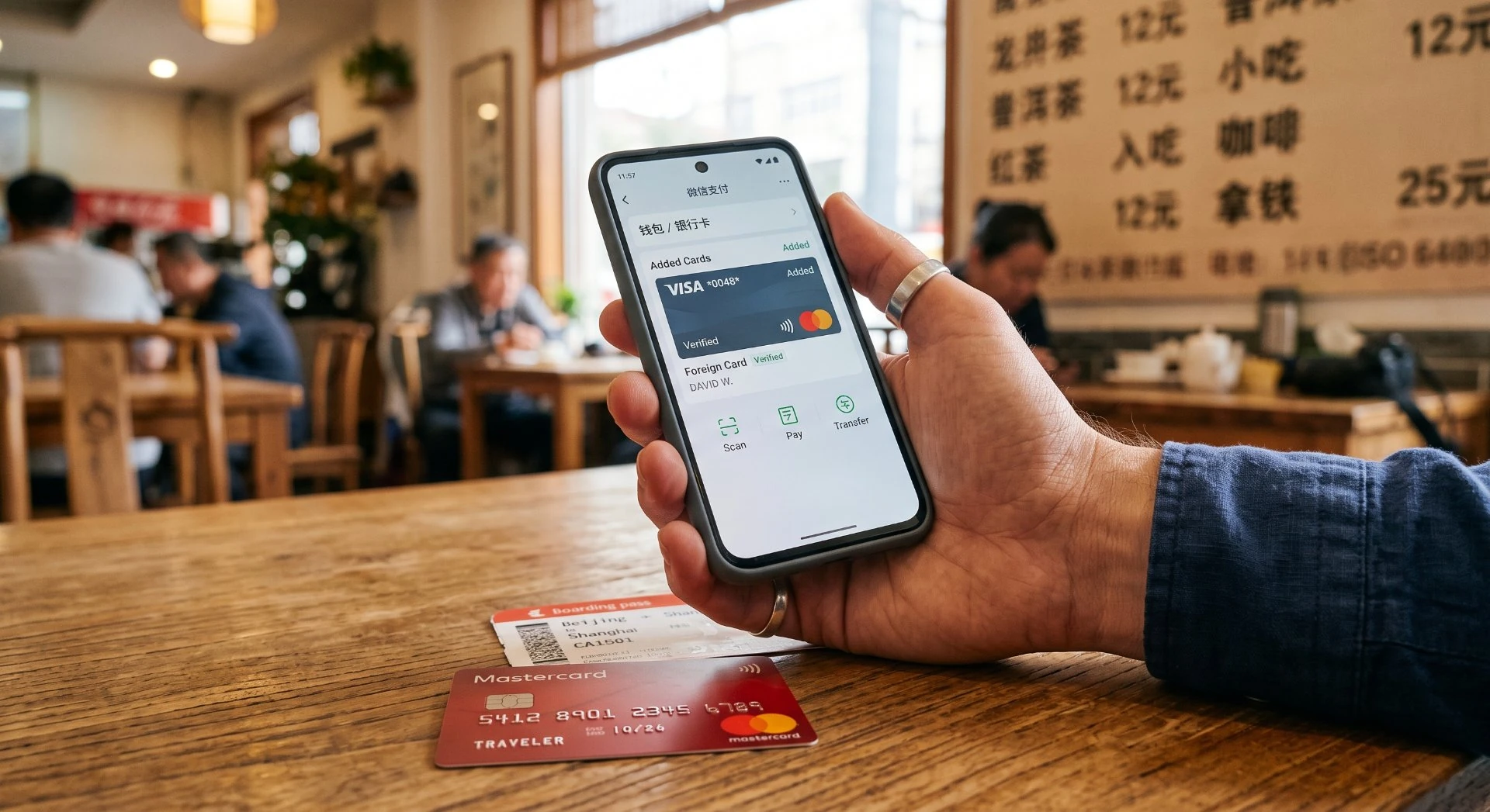 WeChat Pay wallet showing a successfully linked foreign Visa card, ready to scan in a Chinese restaurant