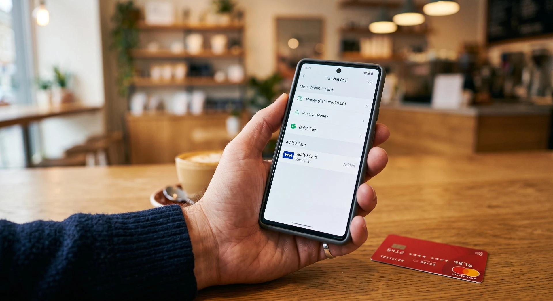 WeChat Pay wallet showing a successfully added Visa card in a café