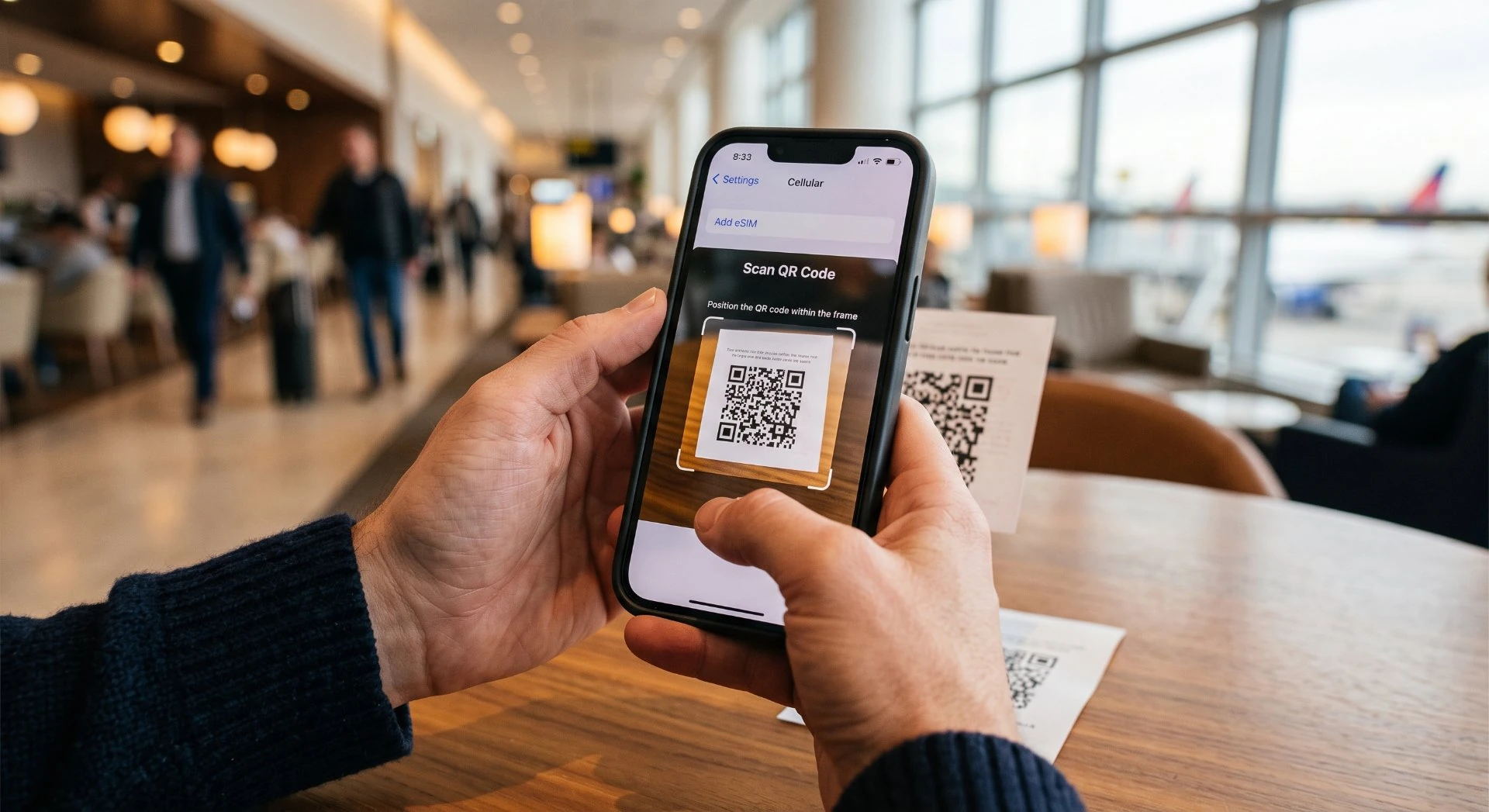 Scanning an eSIM QR code on an iPhone at the airport before departure