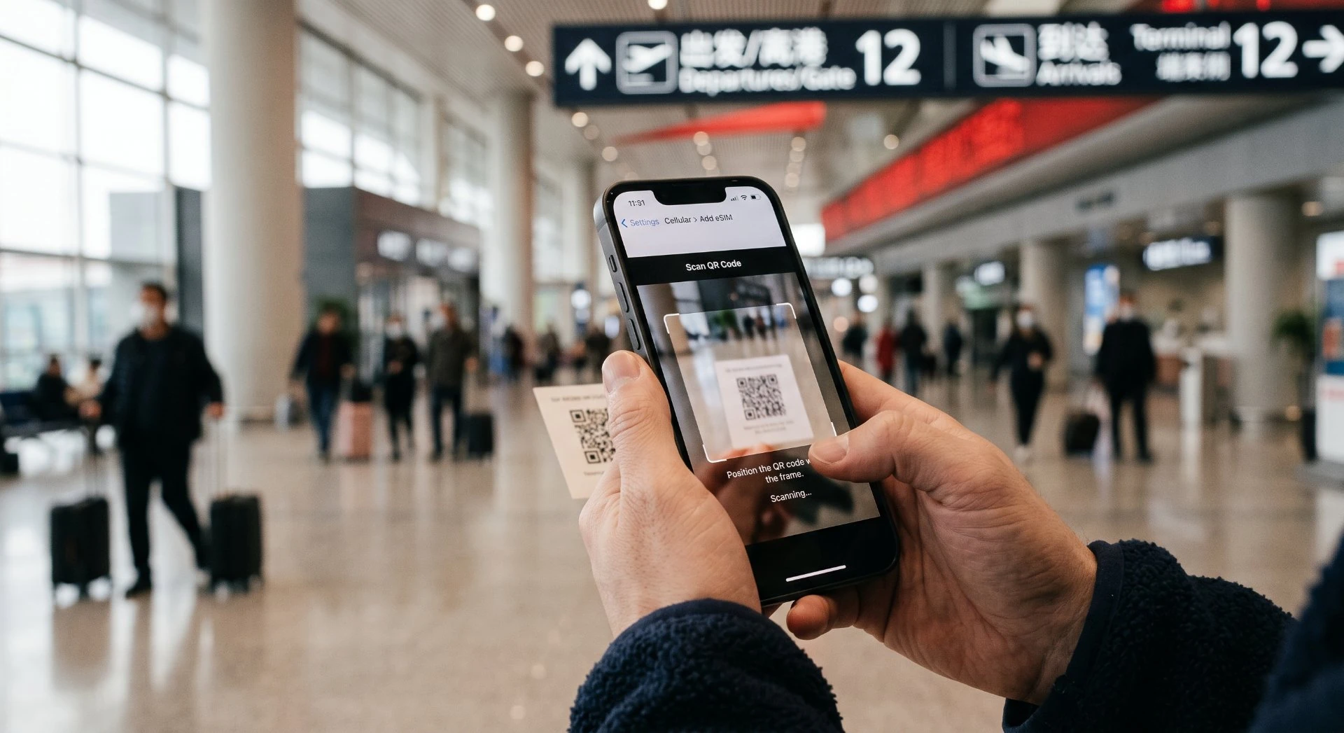 Scanning an eSIM QR code at the airport before departure to stay connected in China