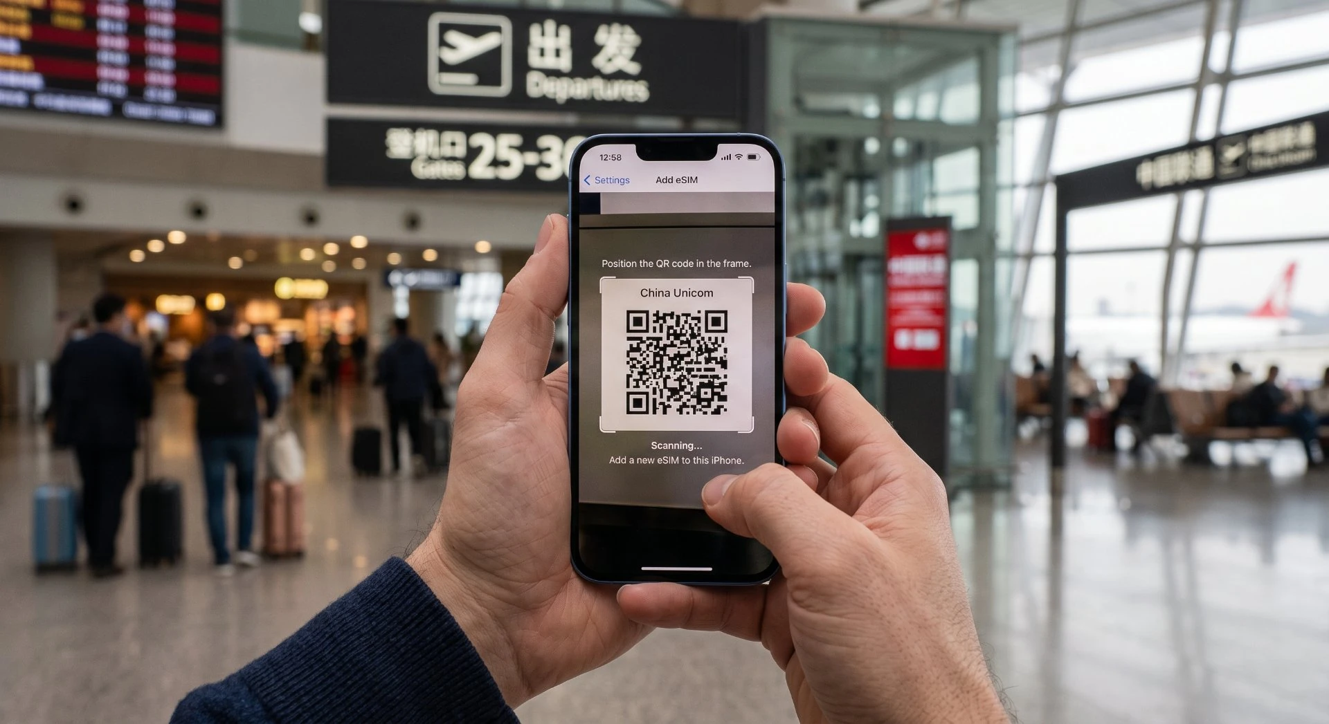 Scanning a China Unicom eSIM QR code on an iPhone at the airport departures hall