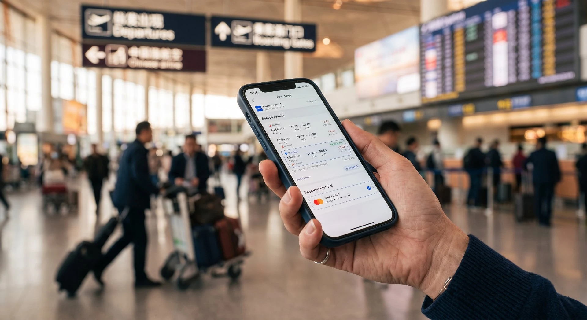 Booking a flight on a phone at the airport with a Mastercard linked to a mobile wallet