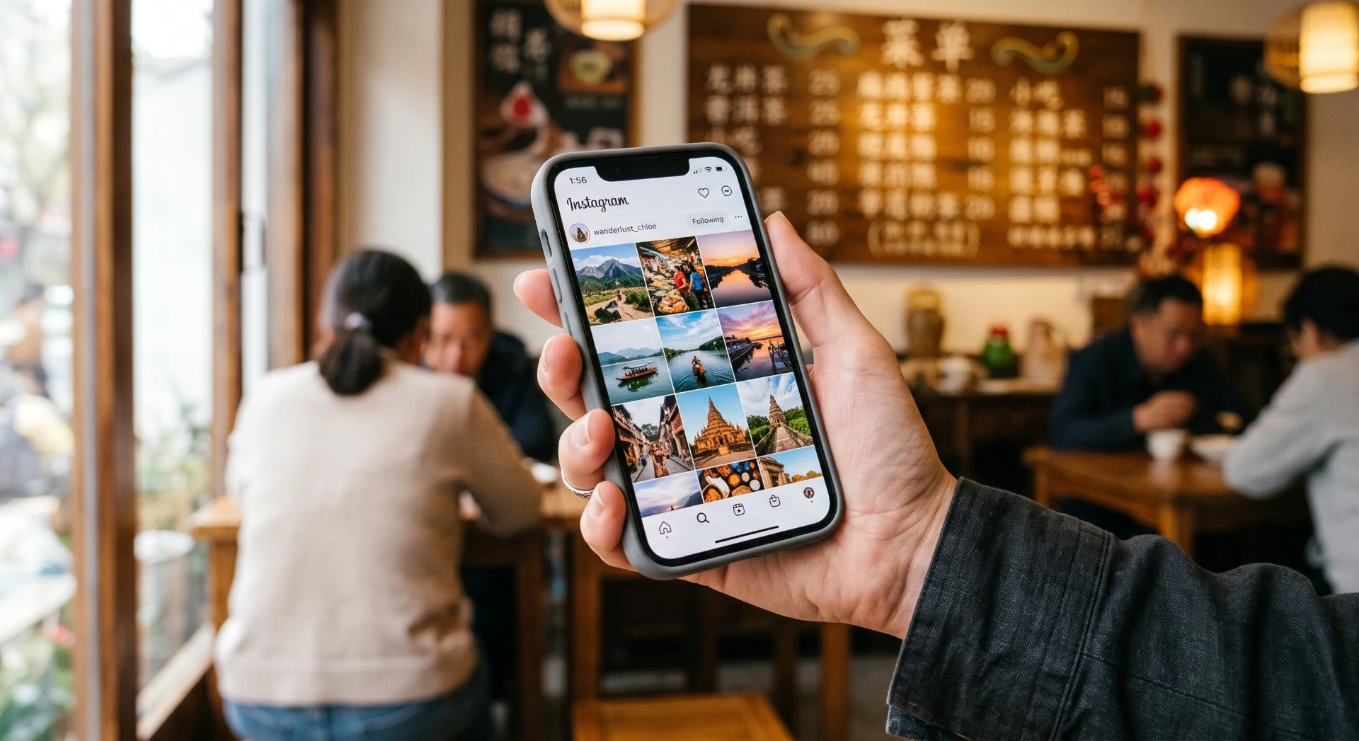 Instagram app open on a phone held inside a Chinese restaurant, showing a travel photo grid