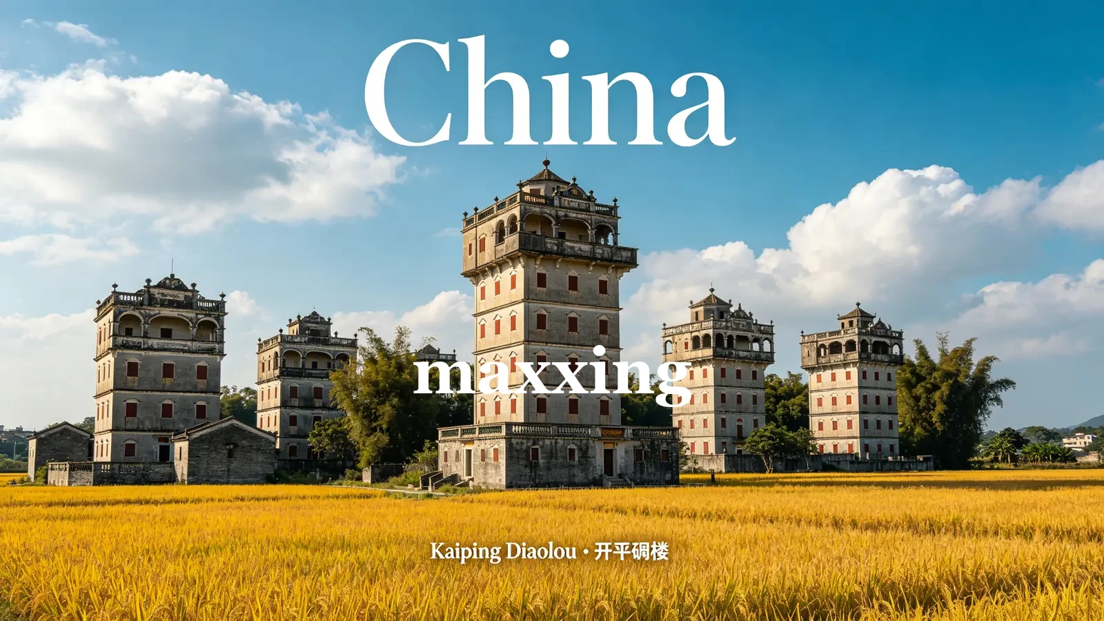 Rice fields and a row of Kaiping Diaolou watchtowers under an open sky