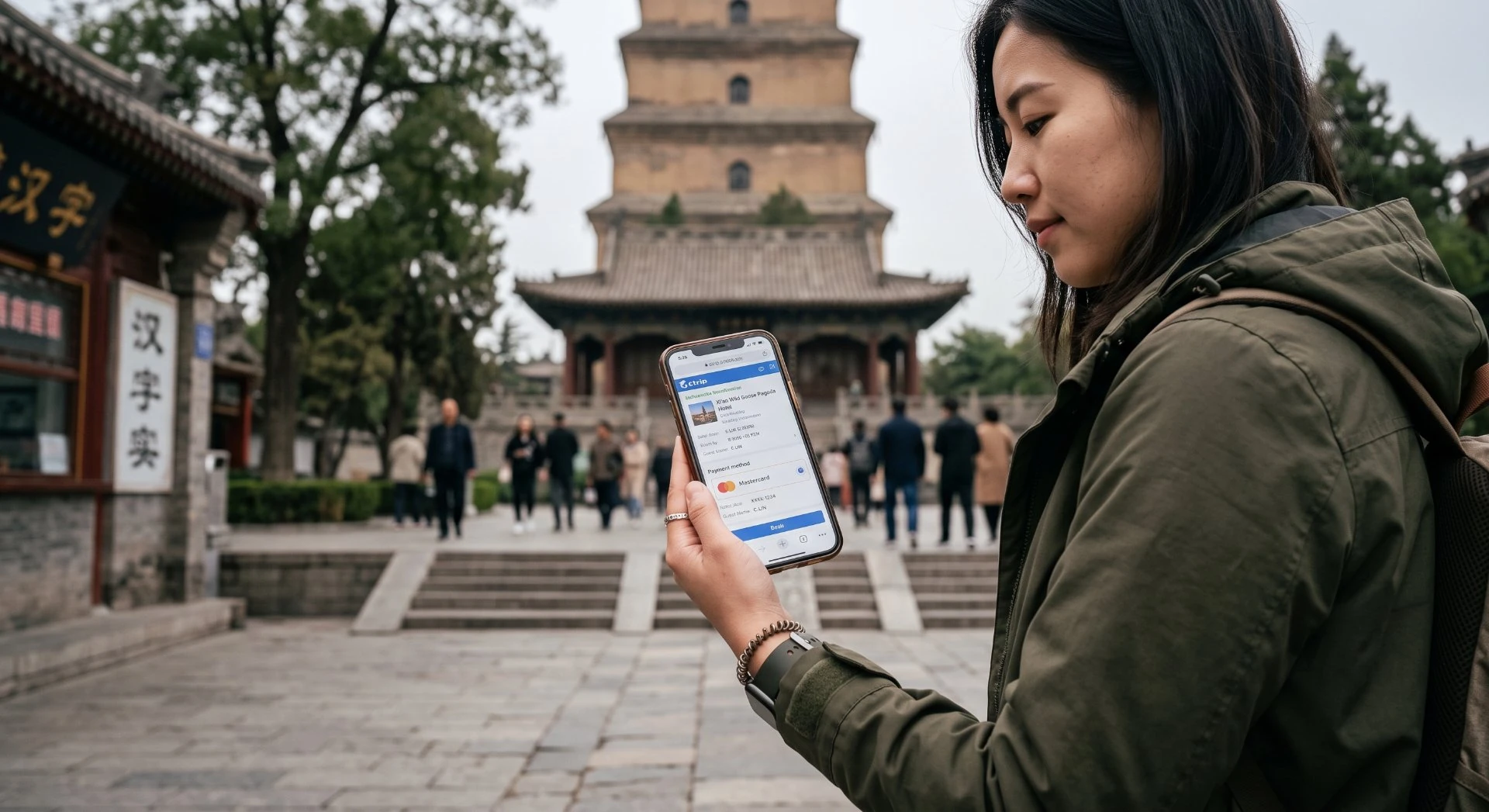 Traveler booking a hotel or flight on a phone in front of a historic pagoda in China