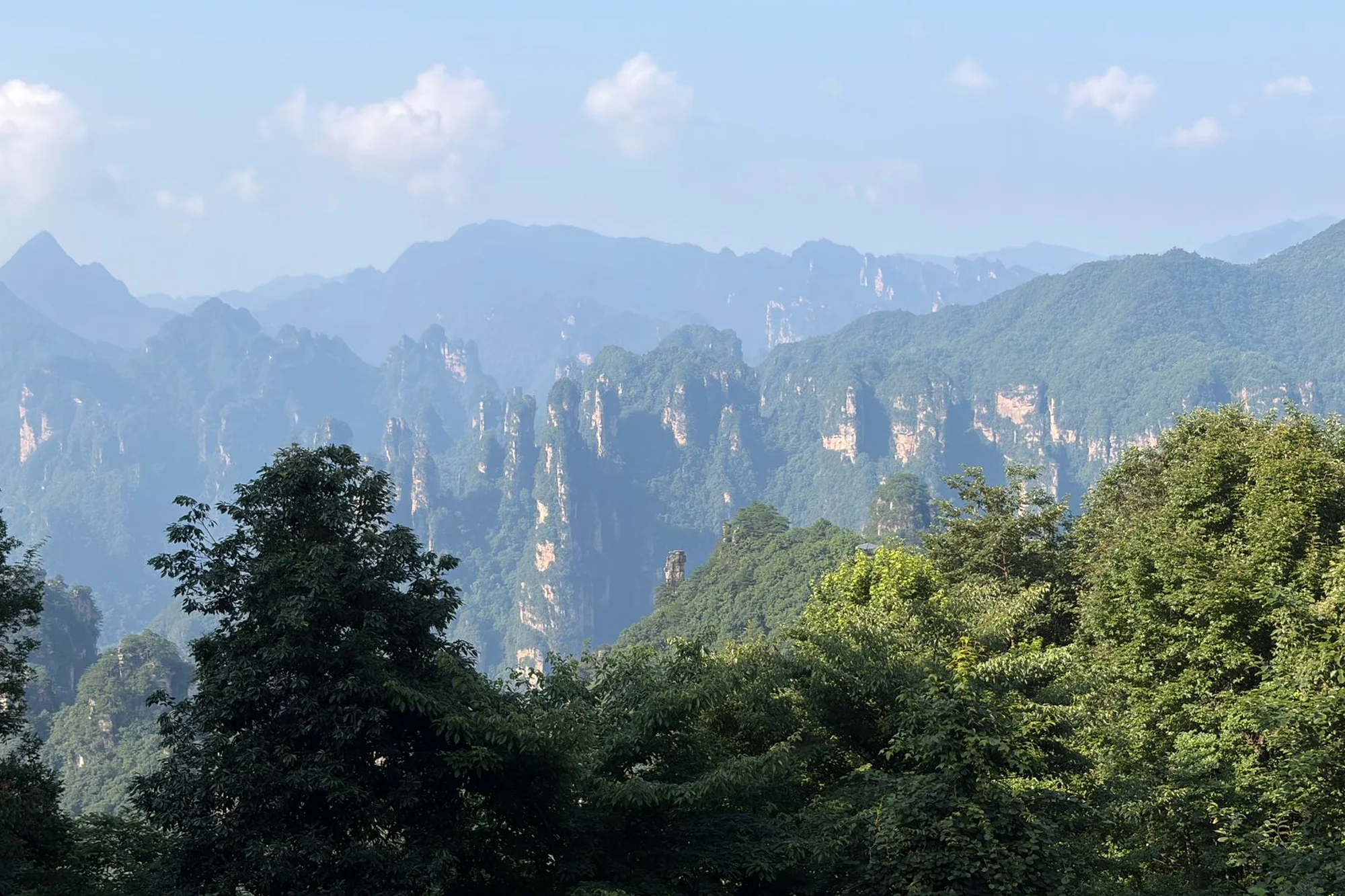 Tall sandstone pillars rising above mist in Zhangjiajie National Forest Park