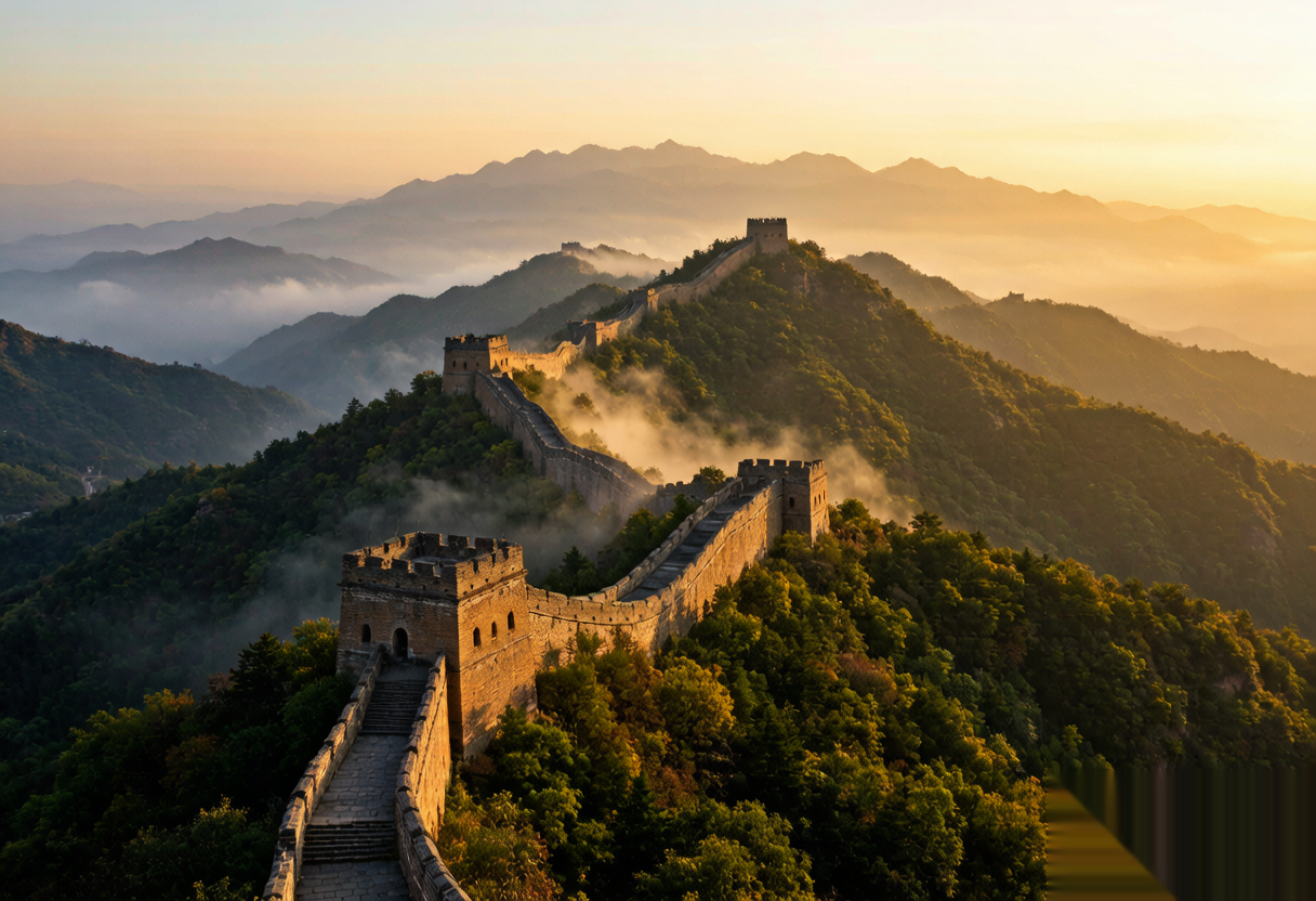 The Great Wall of China stretching across mountains