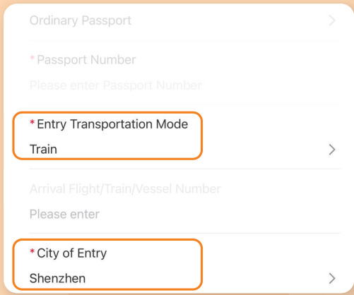 Arrival card form with passport number, entry transportation mode, city of entry and port of entry filled in