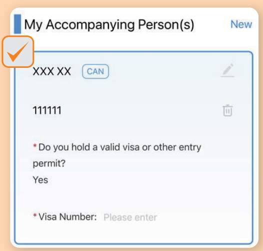 My Accompanying Person section of the arrival card form with a companion's name and passport details added