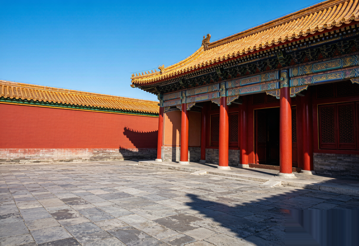 The Hall of Supreme Harmony in Beijing&rsquo;s Forbidden City, red walls and golden roofs under a clear blue sky.