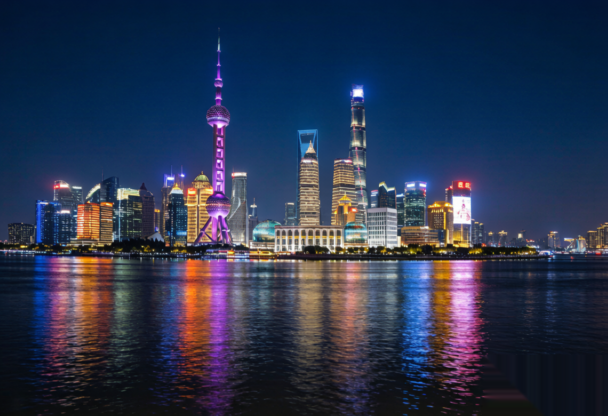 The Bund and Pudong skyline at night, neon-lit towers reflecting on the Huangpu River.