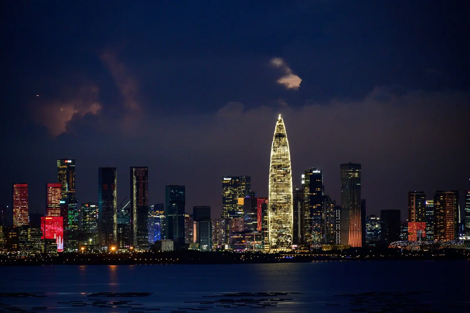 Shenzhen city skyline illuminated at night across the bay.