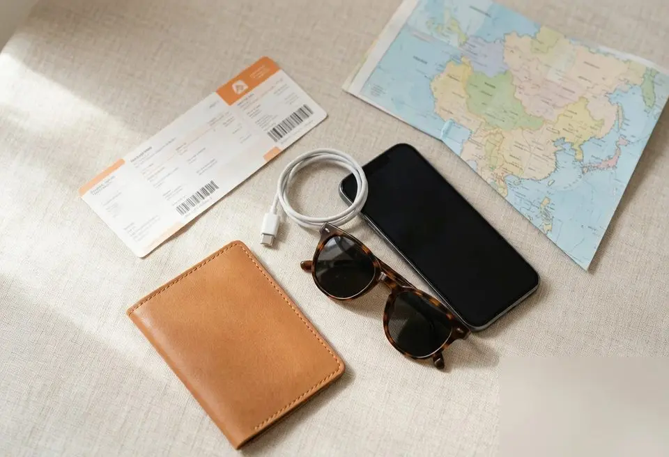 Flat lay of travel essentials: boarding pass, smartphone, charger, sunglasses, and map