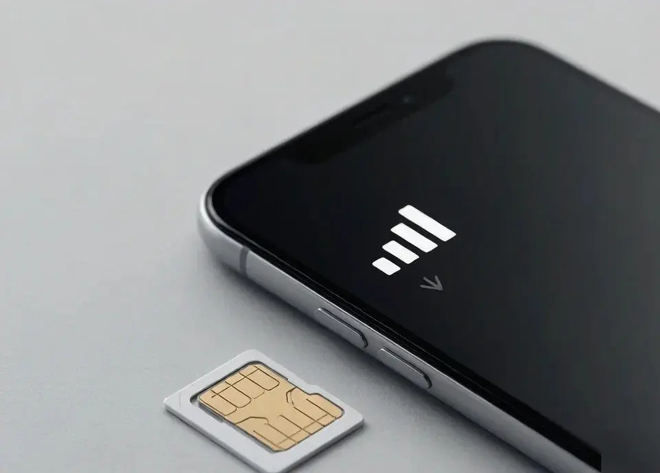 Nano SIM card next to a smartphone showing signal bars