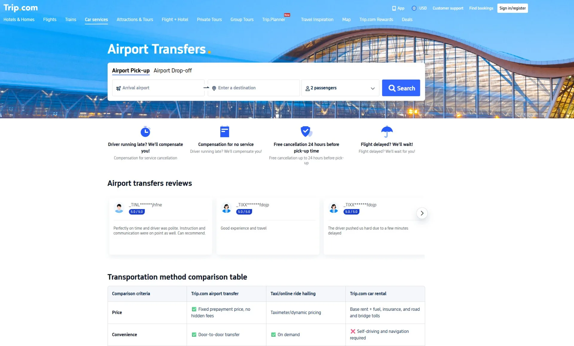 Trip.com Airport Transfers page showing pickup search, driver guarantees, and comparison table